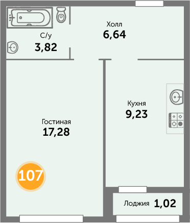 Квартира №107, 1-комнатная, 62.8 м², 9 этаж - планировка, ЖК «Кранц-Престиж» 1 дом