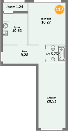 Квартира №117, 2-комнатная, 62.4 м², 3 этаж - планировка, ЖК «Кранц-Престиж» 1 дом