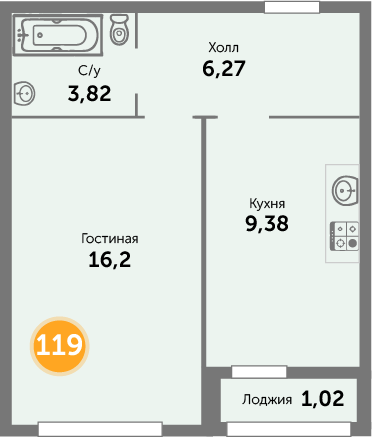Квартира №119, 1-комнатная, 38.1 м², 3 этаж - планировка, ЖК «Кранц-Престиж» 1 дом