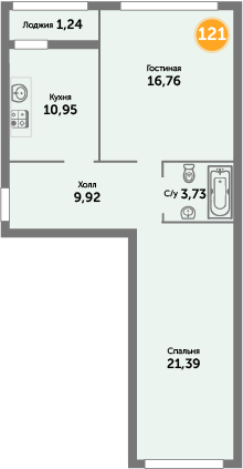 Квартира №121, 2-комнатная, 65 м², 4 этаж - планировка, ЖК «Кранц-Престиж» 1 дом