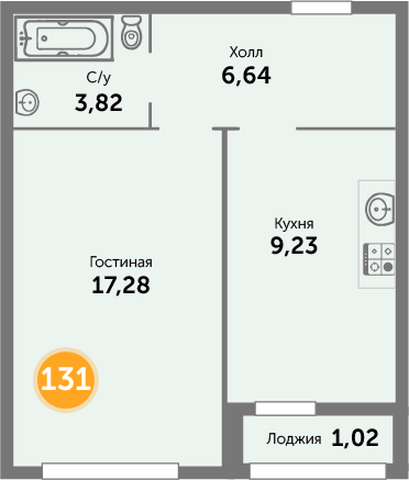 Квартира №131, 1-комнатная, 39.4 м², 6 этаж - планировка, ЖК «Кранц-Престиж» 1 дом