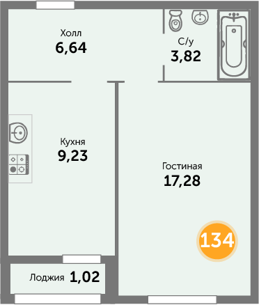 Квартира №134, 1-комнатная, 39.4 м², 7 этаж - планировка, ЖК «Кранц-Престиж» 1 дом