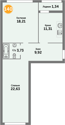Квартира №140, 2-комнатная, 67.9 м², 8 этаж - планировка, ЖК «Кранц-Престиж» 1 дом