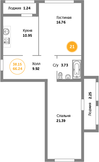 Квартира №21, 2-комнатная, 67.3 м², 6 этаж - планировка, ЖК «Кранц-Престиж» 2 дом
