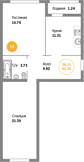 Квартира №16, 2-комнатная, 64.8 м², 4 этаж - планировка, ЖК «Кранц-Престиж» 2 дом