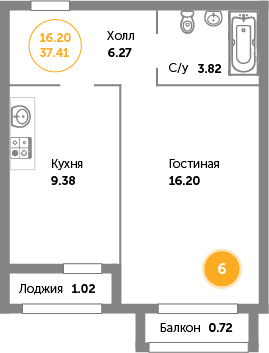 Квартира №6, 1-комнатная, 38.1 м², 2 этаж - планировка, ЖК «Кранц-Престиж» 2 дом