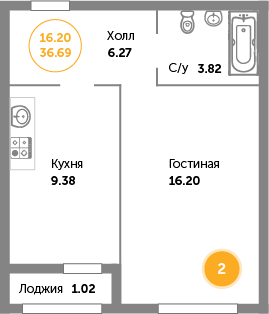 Квартира №2, 1-комнатная, 37.5 м², 1 этаж - планировка, ЖК «Кранц-Престиж» 2 дом