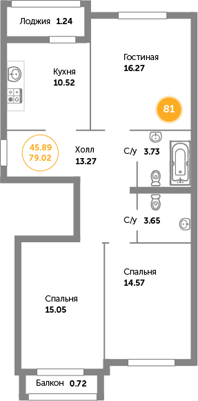 Квартира №81, 3-комнатная, 80.3 м², 3 этаж - планировка, ЖК «Кранц-Престиж» 2 дом