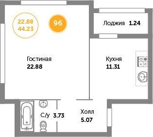 Квартира №96, 1-комнатная, 45.3 м², 6 этаж - планировка, ЖК «Кранц-Престиж» 2 дом