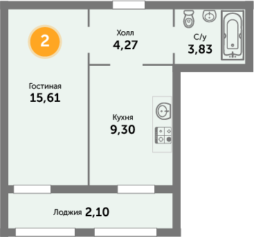 Квартира №2, 1-комнатная, 36.2 м², 1 этаж - планировка, ЖК «Кранц-Престиж», 3 дом