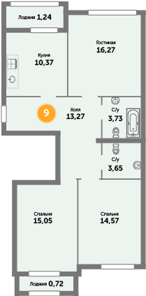Квартира №9, 3-комнатная, 79.9 м², 3 этаж - планировка, ЖК «Кранц-Престиж», 3 дом