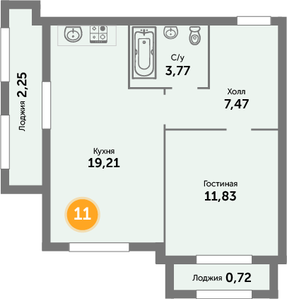 Квартира №11, 1-комнатная, 46.2 м², 3 этаж - планировка, ЖК «Кранц-Престиж», 3 дом