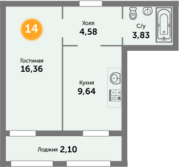 Квартира №14, 1-комнатная, 37.7 м², 4 этаж - планировка, ЖК «Кранц-Престиж», 3 дом