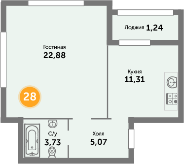 Квартира №28, 1-комнатная, 45.2 м², 7 этаж - планировка, ЖК «Кранц-Престиж», 3 дом