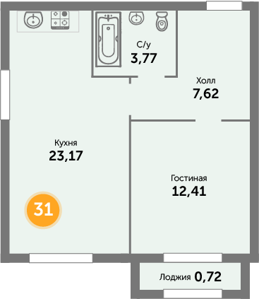 Квартира №31, 1-комнатная, 46.9 м², 8 этаж - планировка, ЖК «Кранц-Престиж», 3 дом
