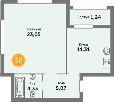 Квартира №32, 1-комнатная, 45.7 м², 8 этаж - планировка, ЖК «Кранц-Престиж», 3 дом