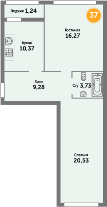Квартира №37, 2-комнатная, 62.5 м², 1 этаж - планировка, ЖК «Кранц-Престиж», 3 дом