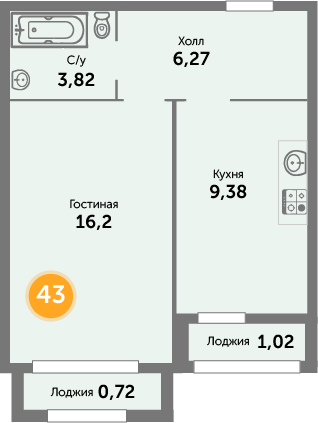 Квартира №43, 1-комнатная, 38 м², 2 этаж - планировка, ЖК «Кранц-Престиж», 3 дом