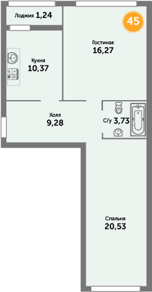 Квартира №45, 2-комнатная, 62.3 м², 3 этаж - планировка, ЖК «Кранц-Престиж», 3 дом