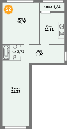 Квартира №52, 2-комнатная, 65.4 м², 4 этаж - планировка, ЖК «Кранц-Престиж», 3 дом