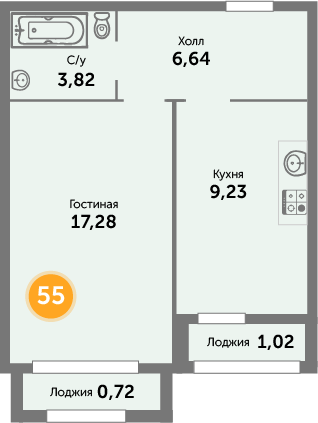 Квартира №55, 1-комнатная, 39.5 м², 5 этаж - планировка, ЖК «Кранц-Престиж», 3 дом