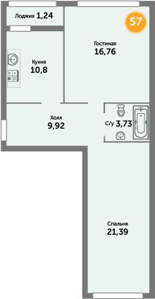 Квартира №57, 2-комнатная, 64.7 м², 6 этаж - планировка, ЖК «Кранц-Престиж», 3 дом