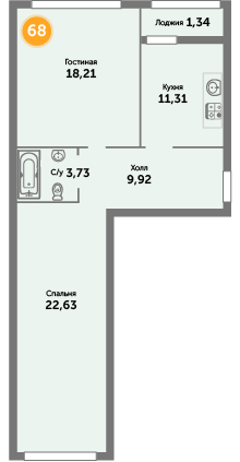 Квартира №68, 2-комнатная, 68.3 м², 8 этаж - планировка, ЖК «Кранц-Престиж», 3 дом