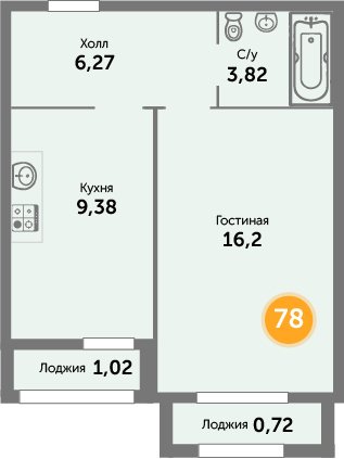 Квартира №78, 1-комнатная, 38.1 м², 2 этаж - планировка, ЖК «Кранц-Престиж», 3 дом