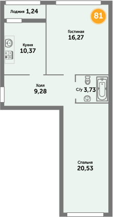 Квартира №81, 2-комнатная, 62.4 м², 3 этаж - планировка, ЖК «Кранц-Престиж», 3 дом