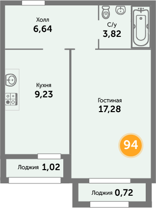 Квартира №94, 1-комнатная, 39.3 м², 6 этаж - планировка, ЖК «Кранц-Престиж», 3 дом