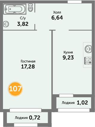 Квартира №107, 1-комнатная, 63 м², 9 этаж - планировка, ЖК «Кранц-Престиж», 3 дом