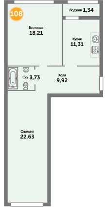 Квартира №108, 2-комнатная, 110 м², 9 этаж - планировка, ЖК «Кранц-Престиж», 3 дом