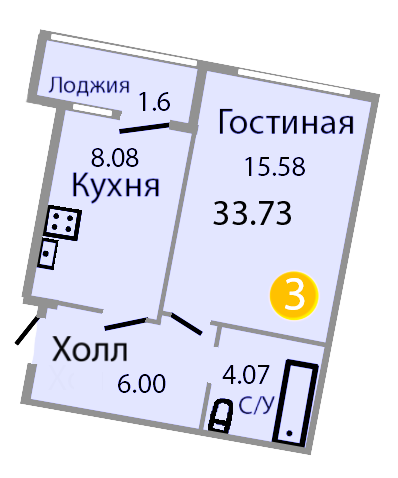 Квартира №124, 1-комнатная, 36 м², 2 этаж - планировка, ЖК «Венецианский квартал», дом 1