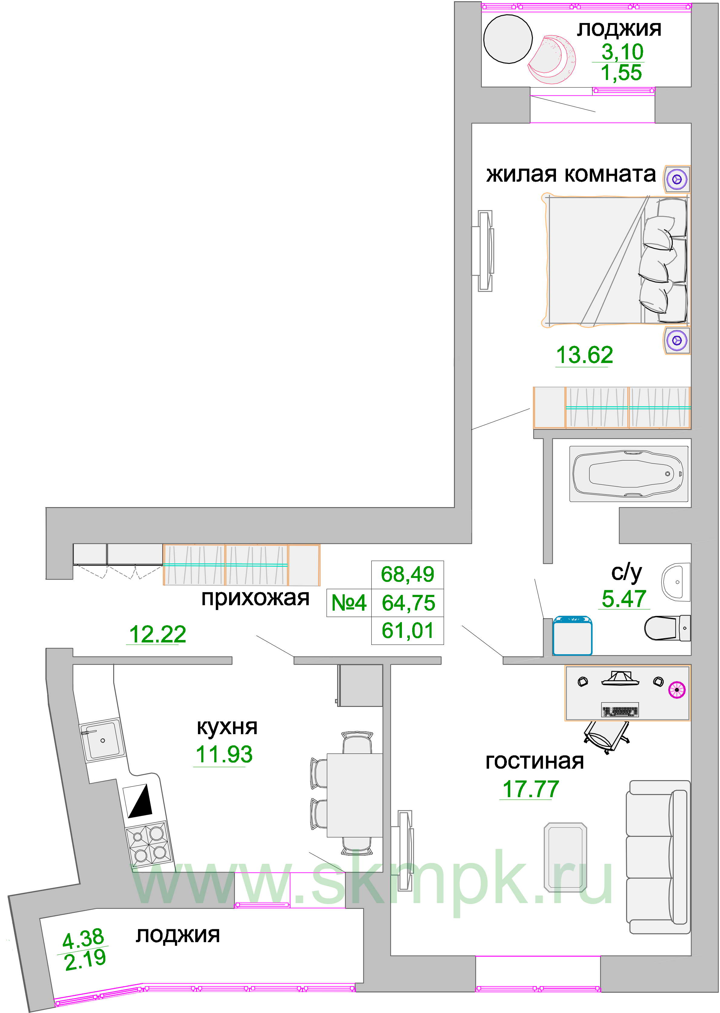Квартира №125, 2-комнатная, 65.1 м², 2 этаж - планировка, ЖК «Венецианский квартал», дом 1