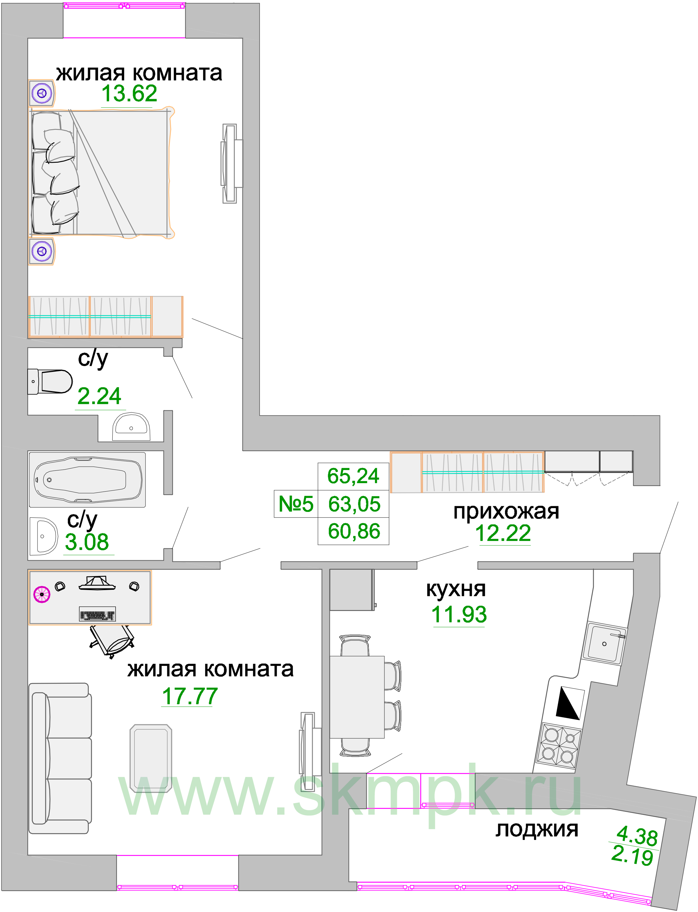 Квартира №126, 2-комнатная, 64.1 м², 2 этаж - планировка, ЖК «Венецианский квартал», дом 1