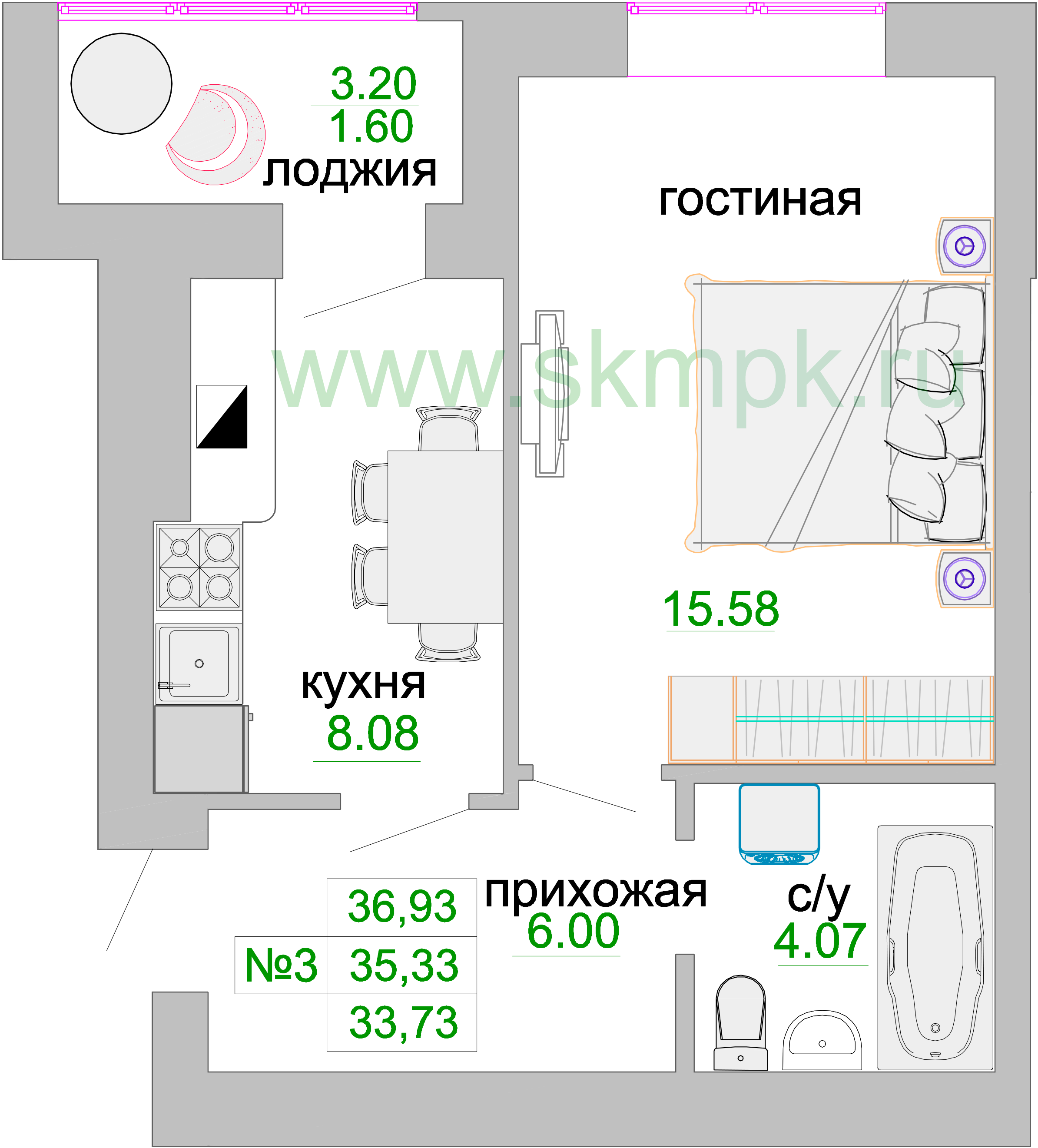 Квартира №127, 1-комнатная, 35.5 м², 2 этаж - планировка, ЖК «Венецианский квартал», дом 1