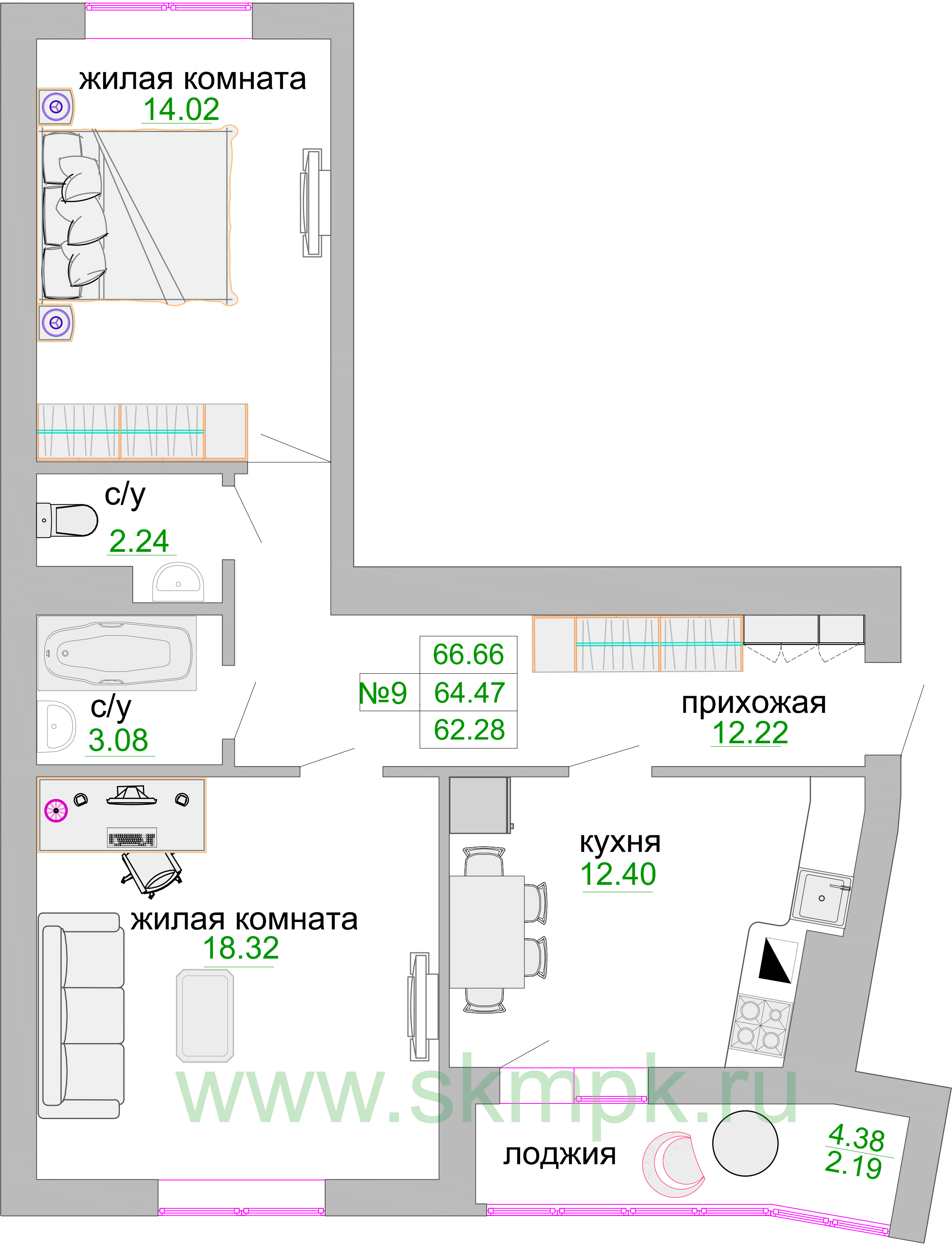 Квартира №130, 2-комнатная, 65.8 м², 3 этаж - планировка, ЖК «Венецианский квартал», дом 1