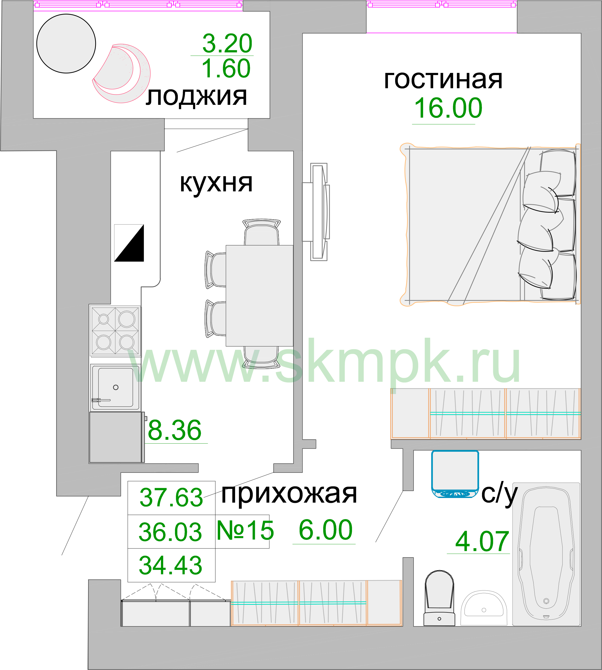 Квартира №136, 1-комнатная, 36.5 м², 5 этаж - планировка, ЖК «Венецианский квартал», дом 1