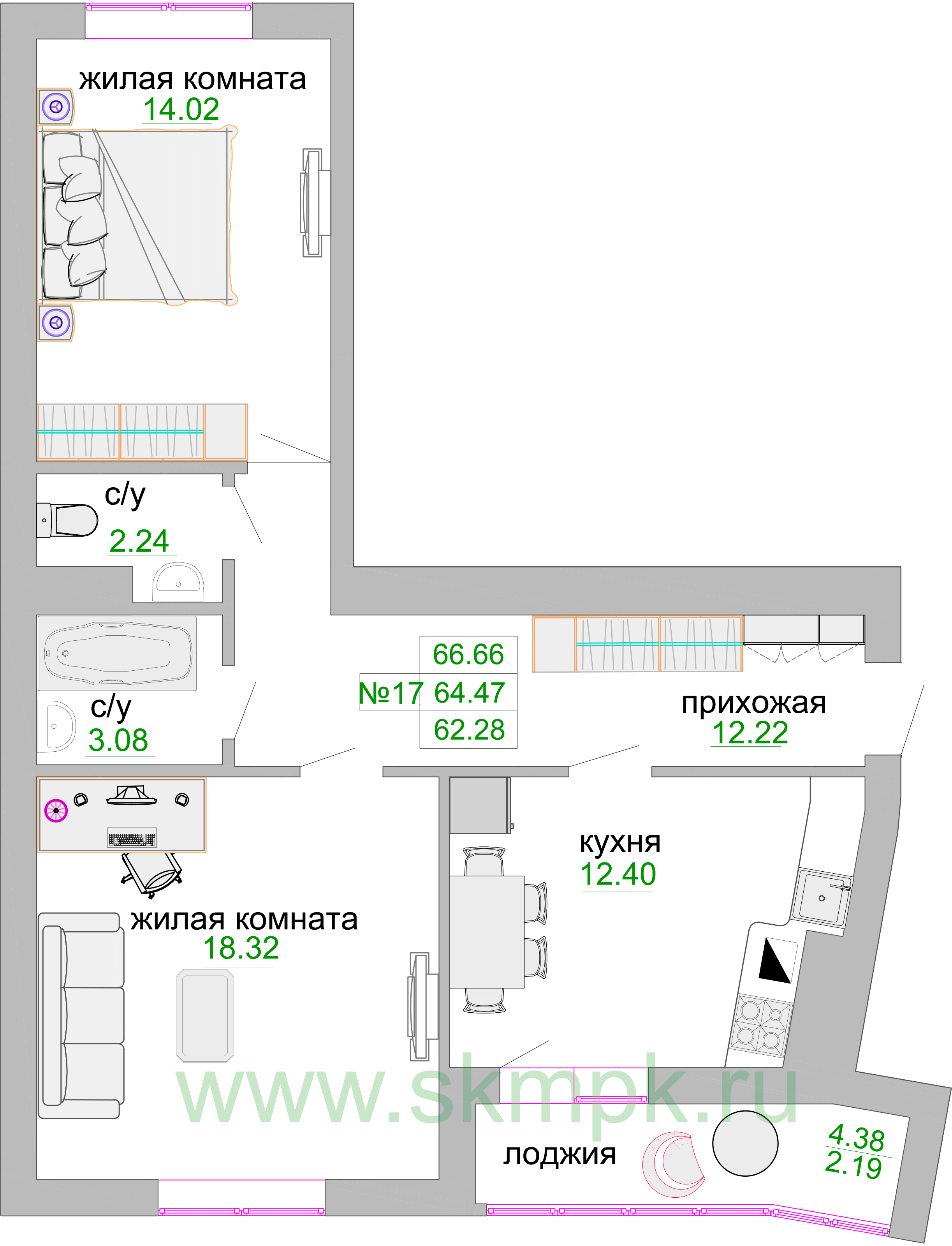 Квартира №138, 2-комнатная, 65.4 м², 5 этаж - планировка, ЖК «Венецианский квартал», дом 1
