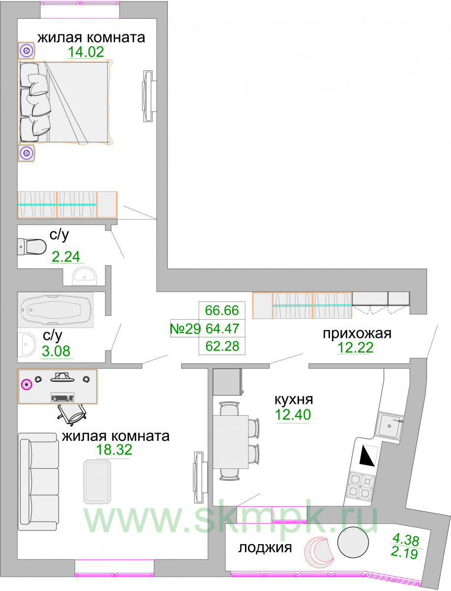 Квартира №150, 2-комнатная, 65.7 м², 8 этаж - планировка, ЖК «Венецианский квартал», дом 1