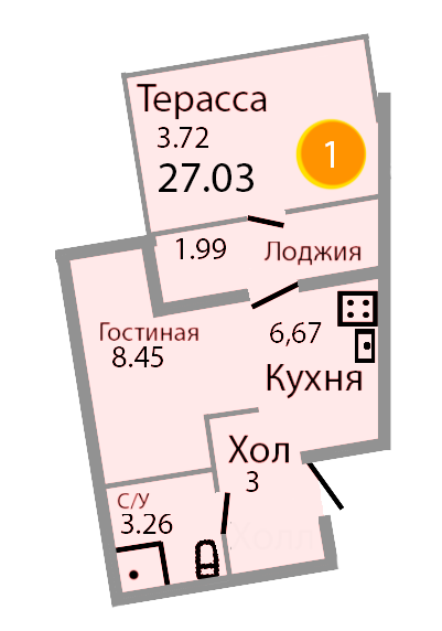 Квартира №156, 1-комнатная, 28.6 м², 1 этаж - планировка, ЖК «Венецианский квартал», дом 1