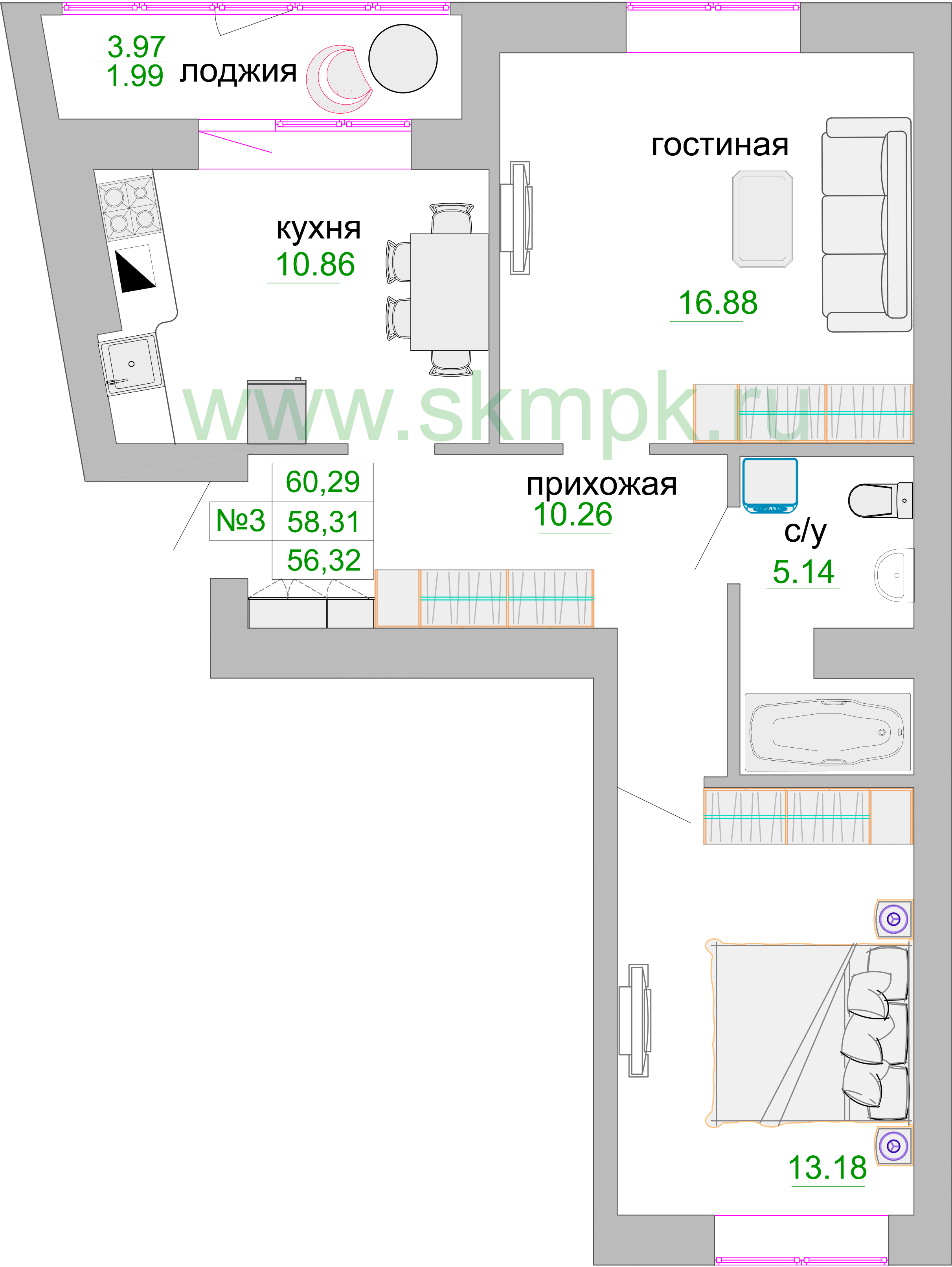 Квартира №158, 2-комнатная, 59.2 м², 2 этаж - планировка, ЖК «Венецианский квартал», дом 1