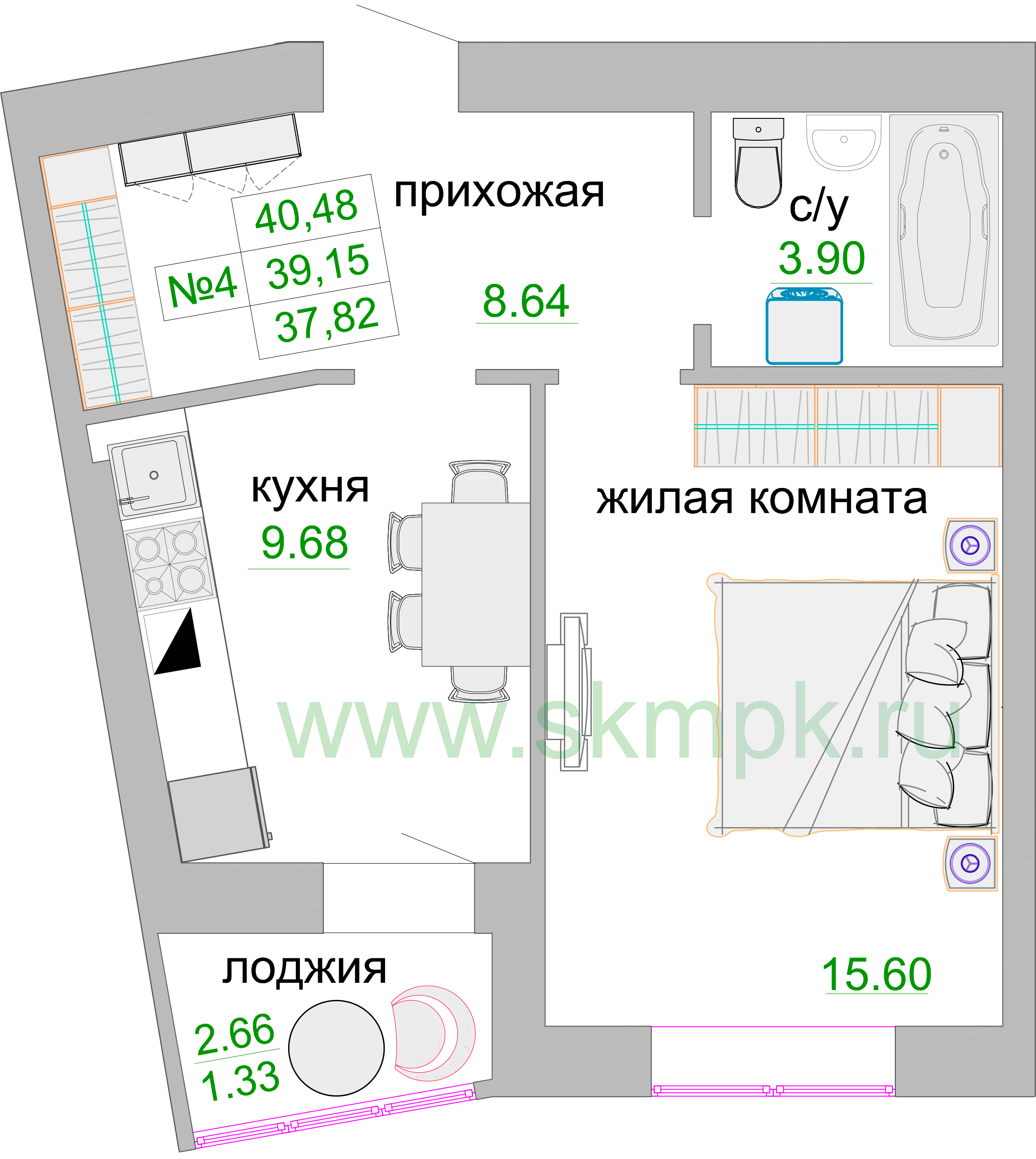 Квартира №159, 1-комнатная, 39.5 м², 2 этаж - планировка, ЖК «Венецианский квартал», дом 1