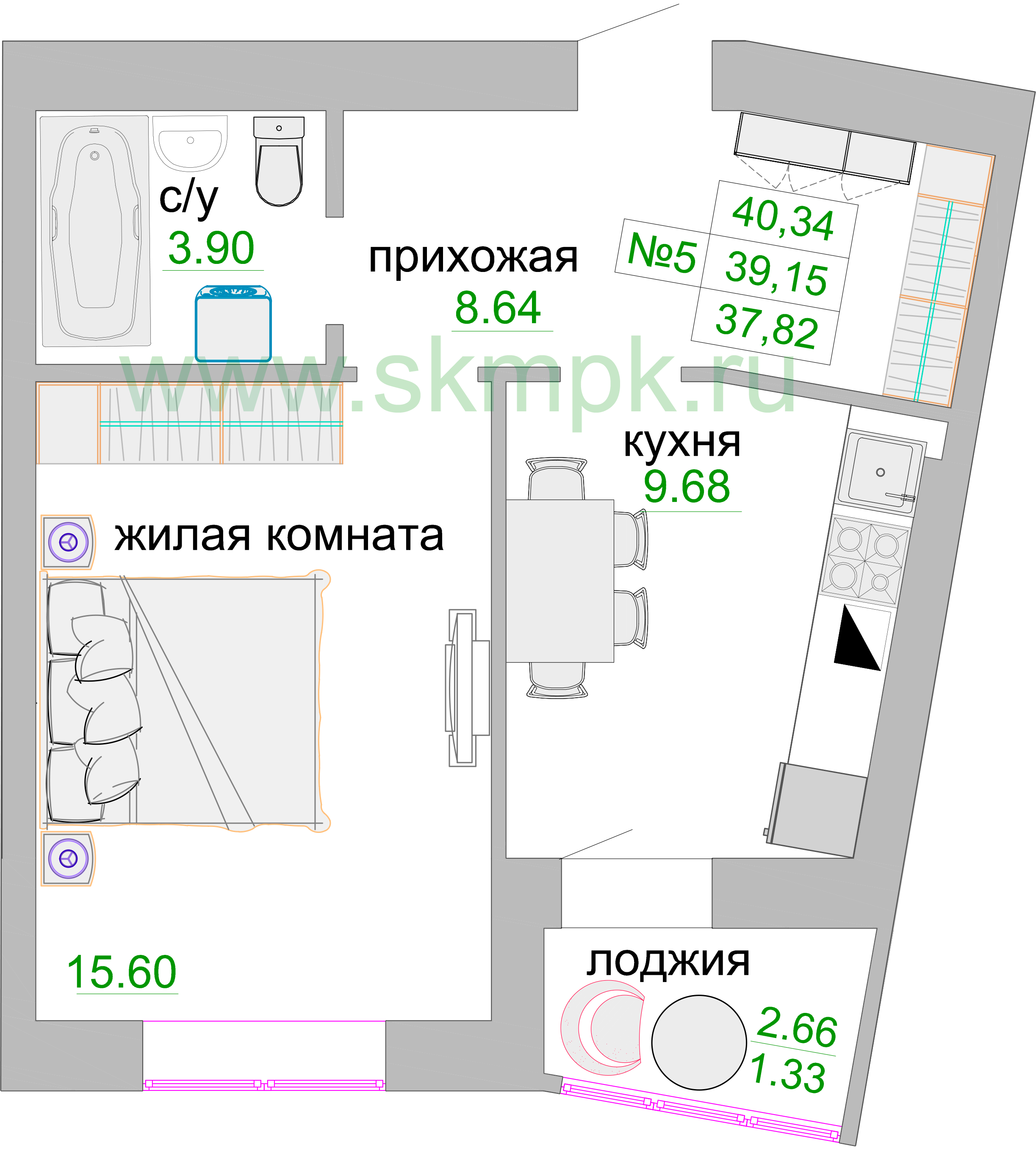 Квартира №160, 1-комнатная, 39.5 м², 2 этаж - планировка, ЖК «Венецианский квартал», дом 1