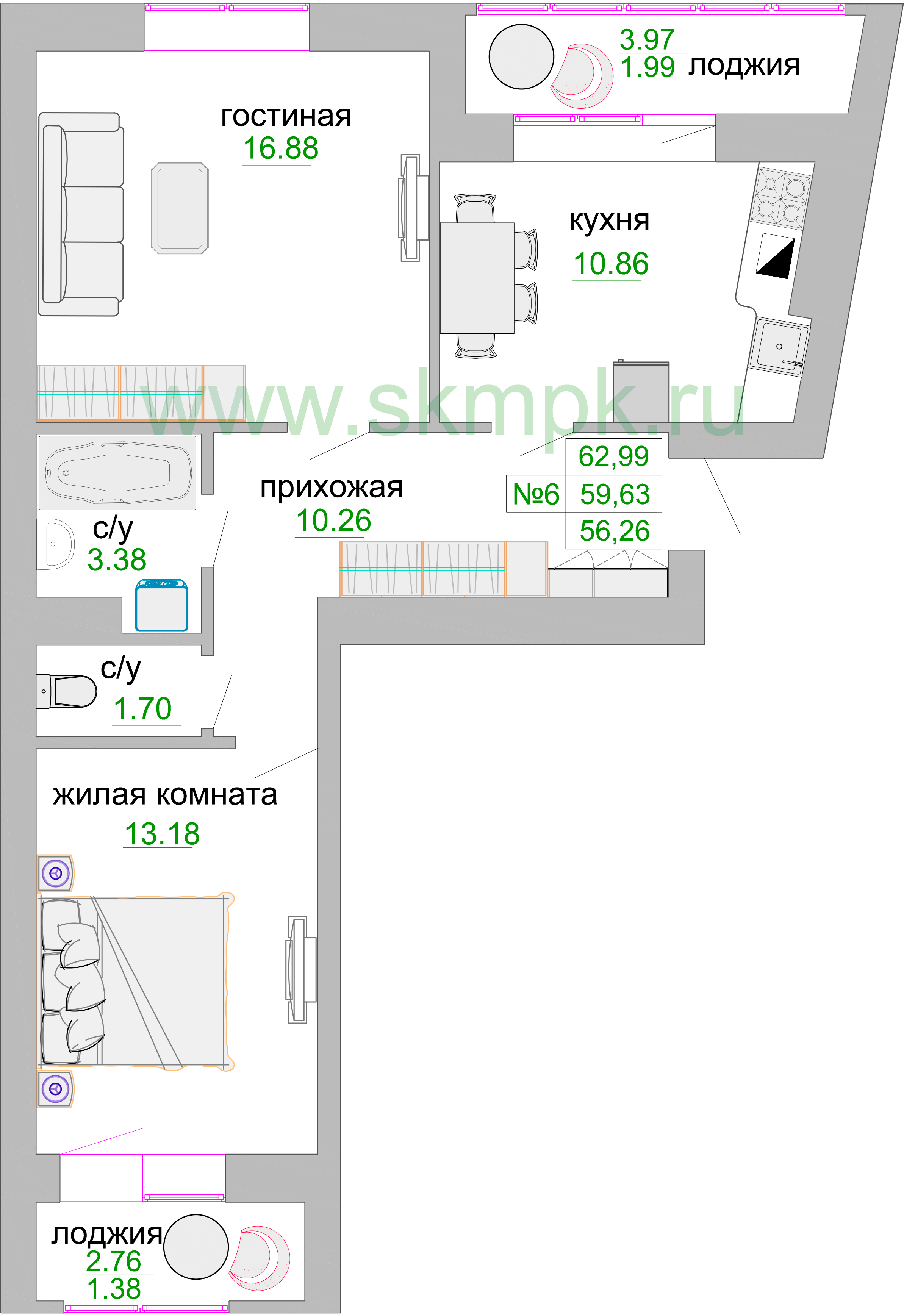 Квартира №161, 2-комнатная, 60.3 м², 2 этаж - планировка, ЖК «Венецианский квартал», дом 1