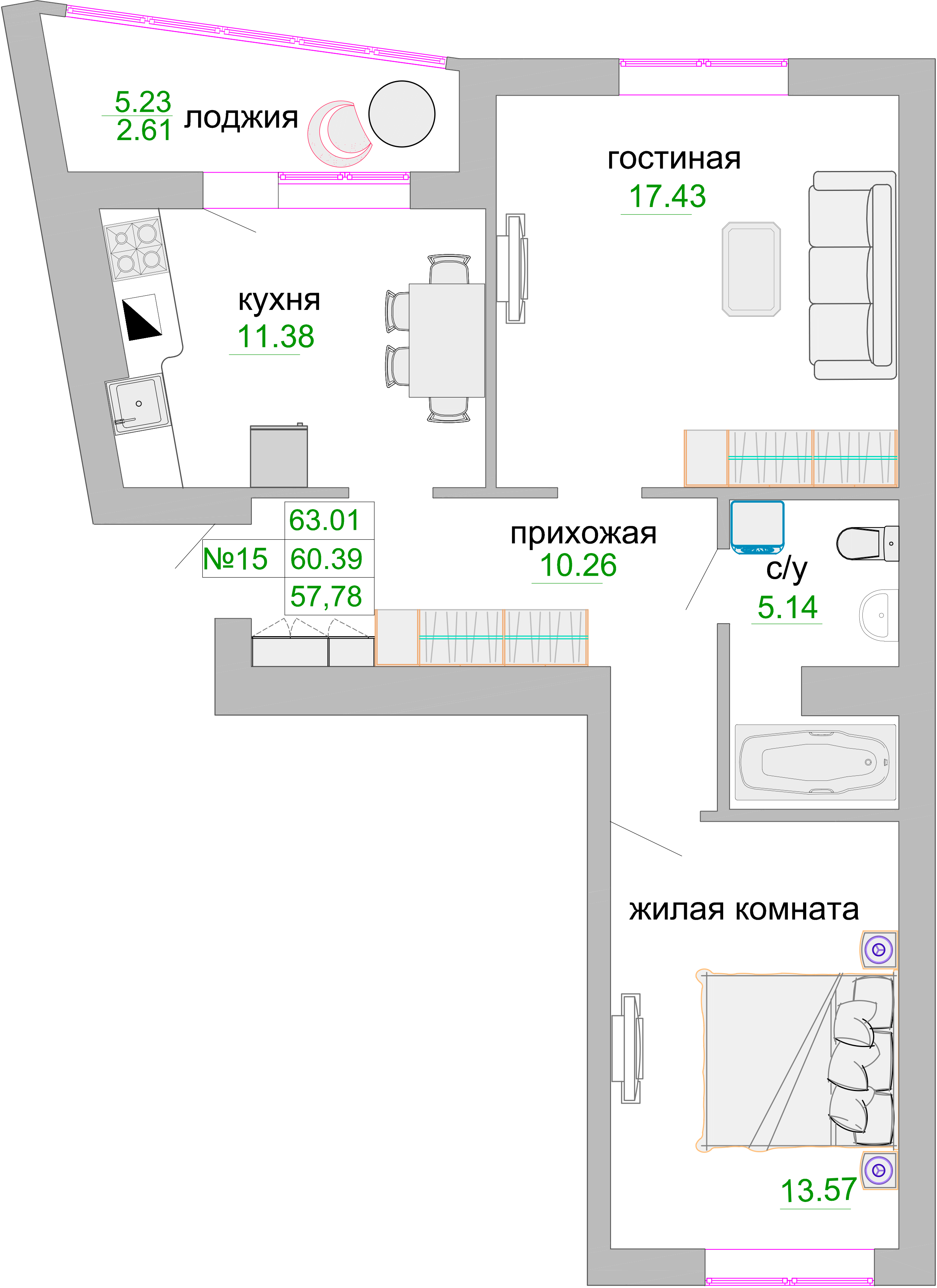 Квартира №170, 2-комнатная, 61.1 м², 5 этаж - планировка, ЖК «Венецианский квартал», дом 1
