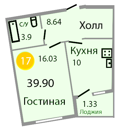 Квартира №172, 1-комнатная, 40.2 м², 5 этаж - планировка, ЖК «Венецианский квартал», дом 1