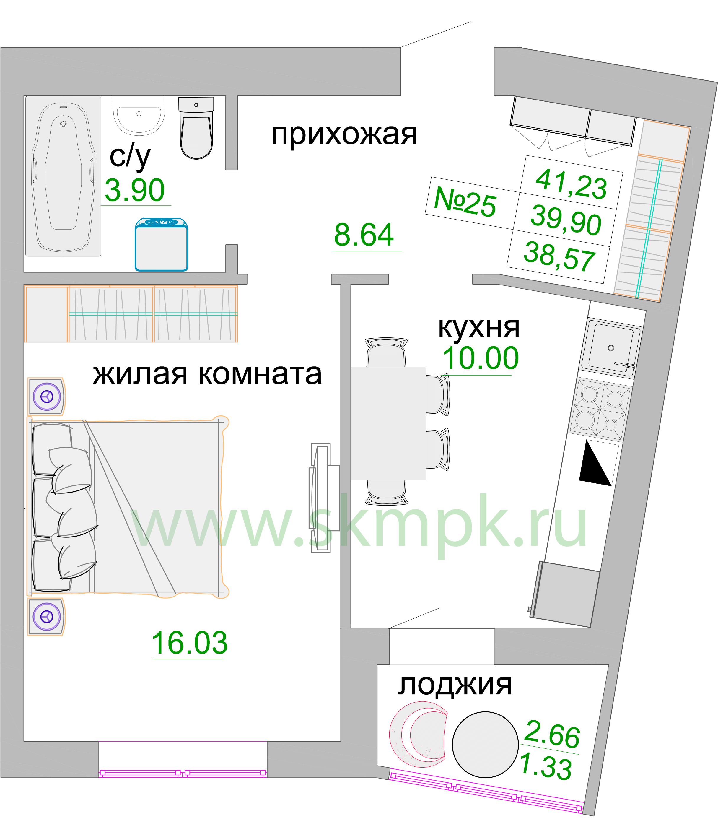 Квартира №180, 1-комнатная, 40.4 м², 7 этаж - планировка, ЖК «Венецианский квартал», дом 1