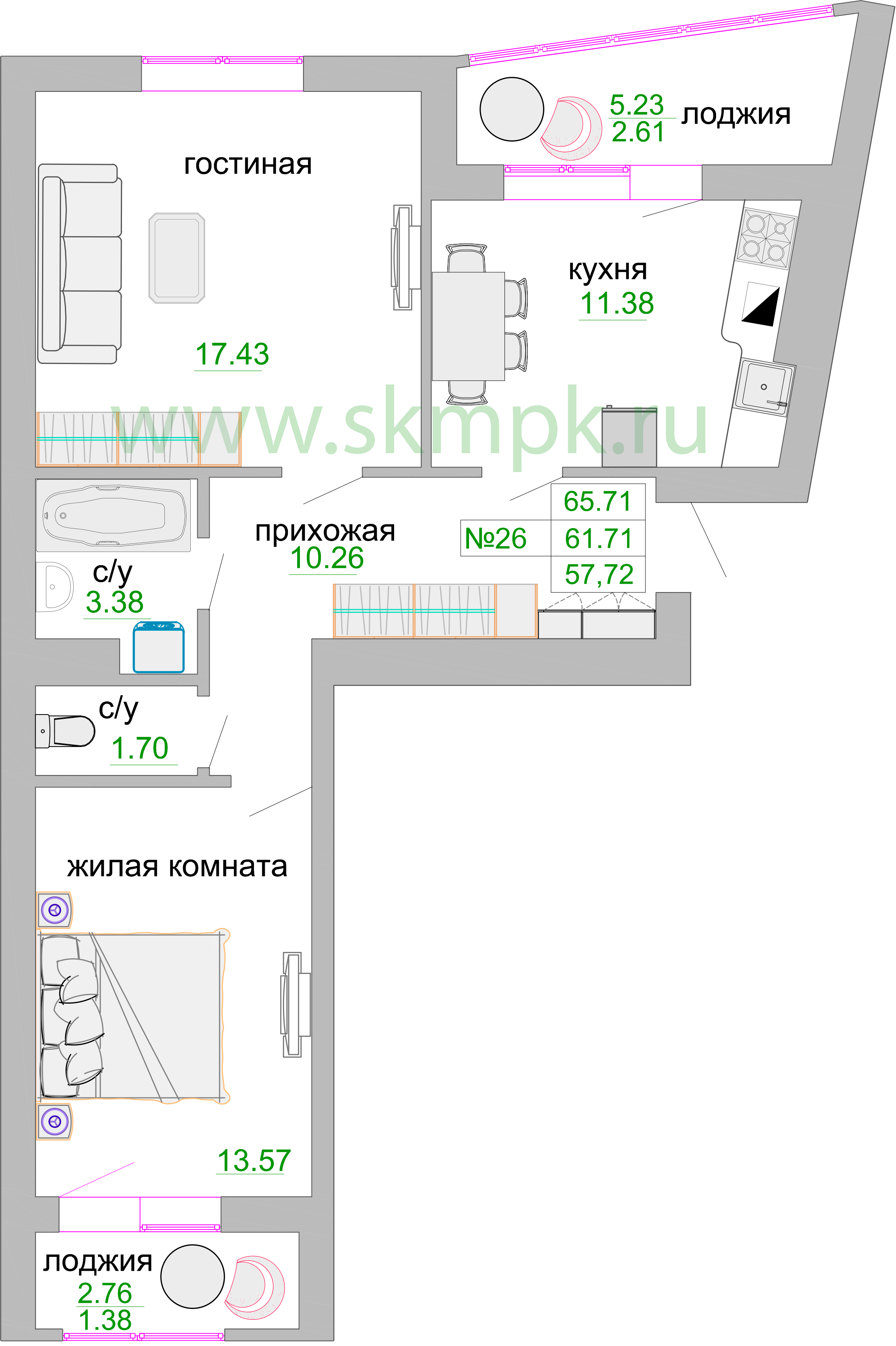 Квартира №181, 2-комнатная, 62.8 м², 7 этаж - планировка, ЖК «Венецианский квартал», дом 1