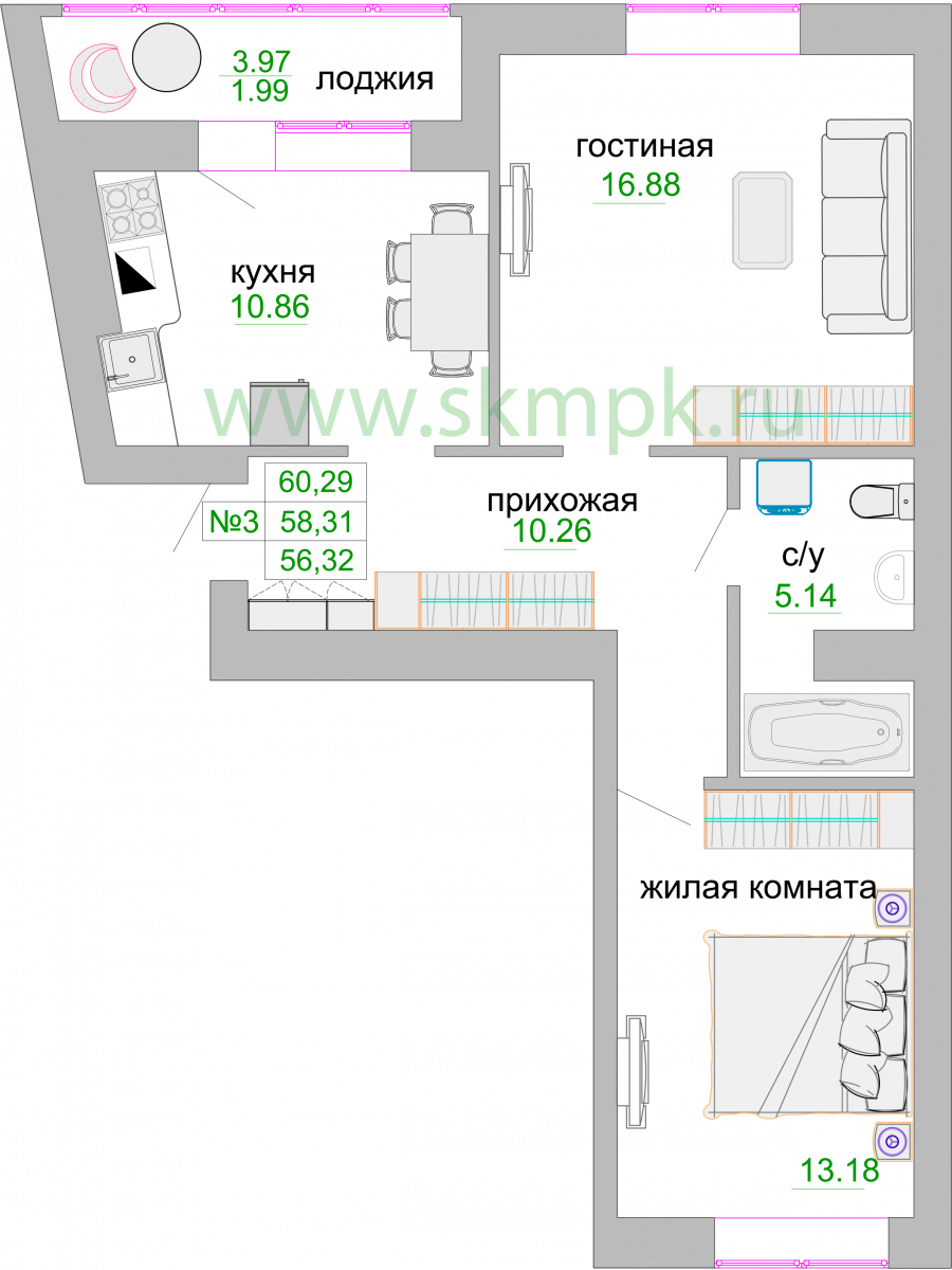 Квартира №192, 2-комнатная, 59.1 м², 2 этаж - планировка, ЖК «Венецианский квартал», дом 1